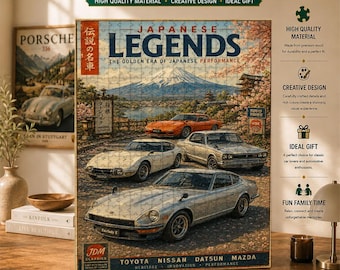 Japanska legender träpussel, vintage JDM-bilaffischkonst, berget Fuji-bilsamling, retro garagedekor, present till bilälskare
