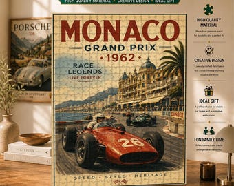Monacos Grand Prix träpussel, vintage formelracingkonst, klassisk motorsportsamling, retro racingdekor, present till racingfans