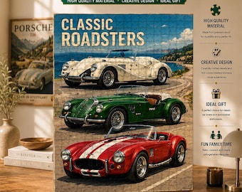 Klassiska Roadsters-pussel, vintagekonst med Morgan och Shelby Cobra, ikonisk samling av öppna sportbilar, dekoration med kustväg, present till bilälskare
