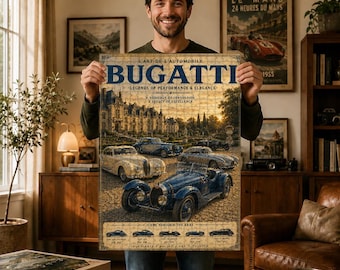 Bugatti träpussel, vintage fransk lyxbilskonst, klassisk prestandaarvssamling, retro garagedekor, present till bilälskare
