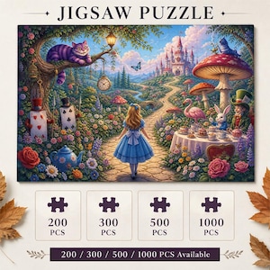 Fantasiunderland-pussel, magiskt trädgårdspussel, Alice-inspirerat äventyrspussel, nyckfullt slottspussel, present till fantasyälskare