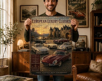 Träpussel i europeiska lyxklassiker, vintagebilkonst, Grand Touring-kulturarvssamling, retro garagedekor, present till bilälskare