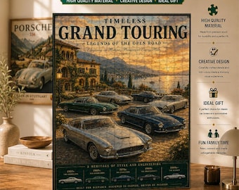 Tidlöst Grand Touring-pussel, konstverk med vintage GT-bilar, klassisk europeisk Touring-samling, dekor på Rivierakusten, present till bilentusiaster