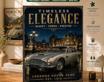 Lyxigt Grand Touring-pussel, vintage brittisk GT-bilkonst, klassisk elegans i stadsmiljö, retro bildekor, present till bilälskare