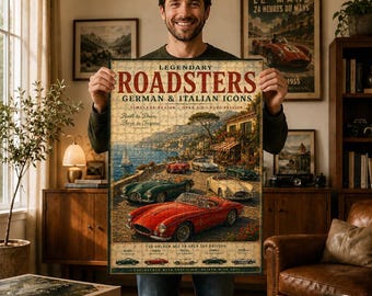 Legendary Roadsters Puzzle, German & Italian Sports Car Art, Vintage Open Top Collection, Riviera Coast Driving Decor, Gift for Car Lovers