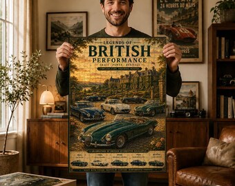 Legends of British Performance Puzzle, Vintage Jaguar-Kunstwerk, Klassische UK Motoring-Sammlung, Nachlass-Gartendekor, Geschenk für Autoliebhaber
