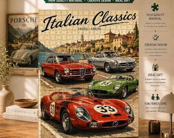 Italienska klassiska bilpussel, Alfa Romeo och Maserati vintagekonst, sportbilssamling från 1950-talet och 60-talet, dekoration på italienska rivieran, present till bilälskare