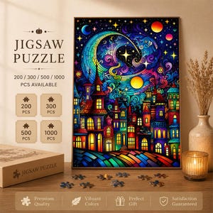 May include: A jigsaw puzzle featuring a vibrant, stained-glass style illustration of a whimsical town under a swirling night sky with a crescent moon and stars. The text JIGSAW PUZZLE and piece counts 200, 300, 500, 1000 are printed on the left side.