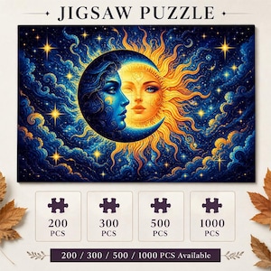 May include: A jigsaw puzzle featuring a celestial illustration of a blue crescent moon face overlapping a golden sun face, surrounded by swirling dark blue clouds and bright yellow stars. The text JIGSAW PUZZLE is at the top, with 200, 300, 500, and 1000 piece options.
