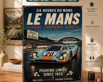 Le Mans Racing-pussel, vintagekonst för uthållighetsracing, klassisk sportbilsbana, retro motorsportdekor, present till racingfans