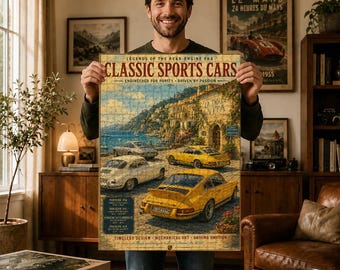 Klassiska sportbilar i trä, vintage Porsche-affischkonst, bilsamling från Amalfikusten, retro garagedekor, present till bilfantaster