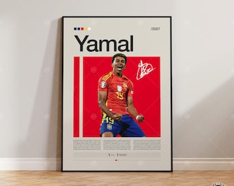 Lamine Yamal Poster, Fußball Poster, Fußballspieler Poster, Mid-Century Modern, Fußballlegende, Geschenk für Ihn, Büro Wandkunst