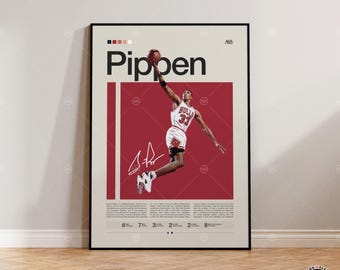 Póster de Scottie Pippen, impresión de los Chicago Bulls, póster de la NBA, póster deportivo, estilo moderno de mediados de siglo, para aficionados a la NBA, regalo de baloncesto, pósteres deportivos para dormitorio