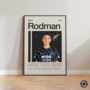 May include: A vertical poster featuring a portrait of Trinity Rodman in a black and grey striped soccer jersey with the text Rodman, /2002, and a signature. The design includes a beige background, small color swatches, and detailed text blocks.