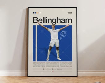 May include: A vertical poster featuring a photograph of Jude Bellingham in a white football kit with arms outstretched against a blue background. The text includes the name Bellingham, the year 2003, a signature, and descriptive biographical text.