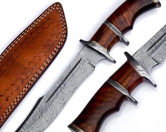 Handmade Damascus Steel Knife – 13” Blade, Rosewood Handle, Leather Sheath – Outdoor Camping Utility Tool