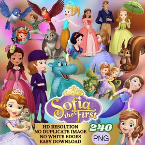 Peut inclure: Illustration numérique colorée avec des personnages de "Sofia the First". L'image comprend diverses princesses, des animaux et le logo de l'émission. Le texte sur l'image indique "HD RESOLUTION, NO DUPLICATE IMAGE, NO WHITE EDGES, EASY DOWNLOAD, 240 PNG."