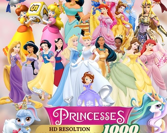 Prinses Mega PNG-clipartbundel, prinsessen Cartoon verjaardag filmthema-illustraties voor T-shirts, caketoppers, feestdecoraties