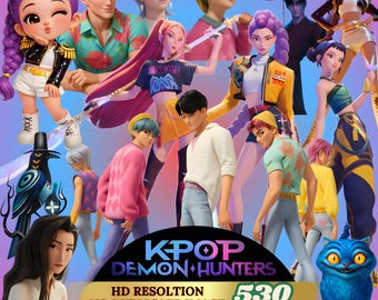 Kpop Demon Hunters Clipart PNG Digital Files with Zoey, Rumi, Mira, and Saja Boys Sublimation Design Sticker Pack, Anime doll Fantasy Gaming