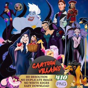 May include: A digital illustration featuring a collage of cartoon villains. The characters include a witch holding a basket of apples, Ursula, Scar, and others. The image has the text "Cartoon Villains" and "HD Resolution".