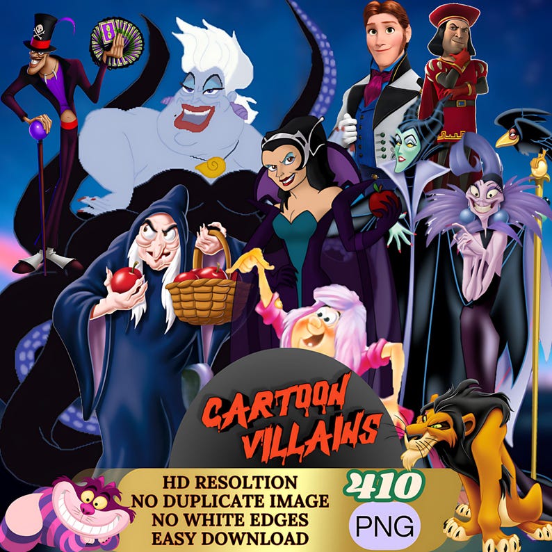 May include: A digital illustration featuring a collage of cartoon villains. The characters include a witch holding a basket of apples, Ursula, Scar, and others. The image has the text "Cartoon Villains" and "HD Resolution".