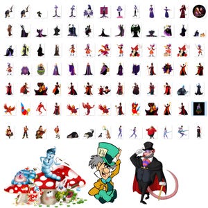 May include: A selection of cartoon character illustrations, including villains and characters from Alice in Wonderland. The images feature a variety of colours and styles, with some characters holding props. The overall theme is fantasy and animation.