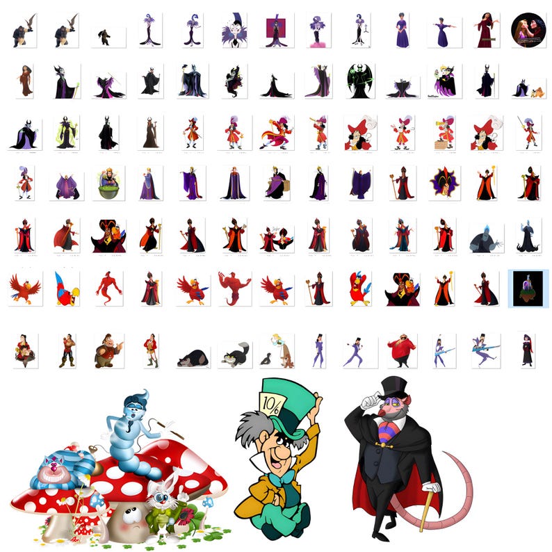 May include: A selection of cartoon character illustrations, including villains and characters from Alice in Wonderland. The images feature a variety of colours and styles, with some characters holding props. The overall theme is fantasy and animation.