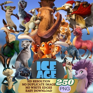 Può includere: Un'immagine vivace con personaggi del film d'animazione "L'Era Glaciale". L'immagine presenta un mammut lanoso, una tigre dai denti a sciabola, un bradipo e dinosauri. Il testo "ICE AGE" è visualizzato in blu, con "250 PNG" sotto.