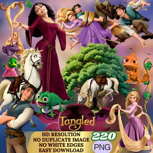 Op de afbeelding: Een digitale illustratie met personages uit de animatiefilm "Tangled". De afbeelding bevat Rapunzel, Flynn Rider, Moeder Gothel, Pascal, Maximus en andere elementen uit de film. De tekst "Tangled" is prominent weergegeven.