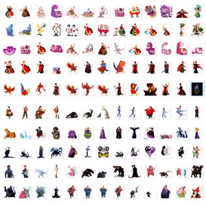 May include: A grid of colourful cartoon character stickers, featuring characters from Alice in Wonderland and Disney villains. The stickers showcase diverse designs and poses, ideal for decorating items or craft projects.