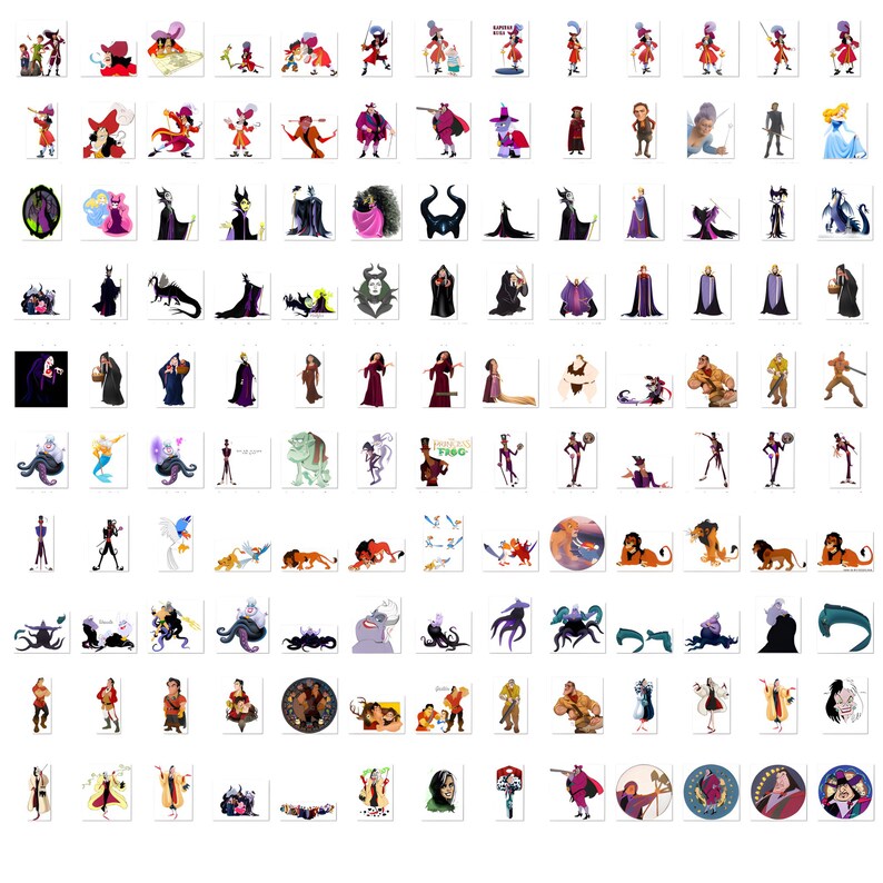 May include: A grid of cartoon character illustrations, mainly villains. The characters are shown in full or partial body shots, displaying their distinctive designs and colours. The images are set against a white backdrop.