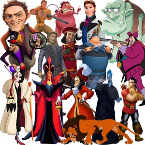 May include: A collection of animated characters from various films, including villains and heroes. The characters are depicted in a variety of colours and styles. The characters are arranged in a group.