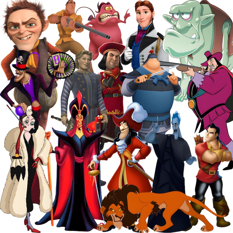 May include: A collection of animated characters from various films, including villains and heroes. The characters are depicted in a variety of colours and styles. The characters are arranged in a group.