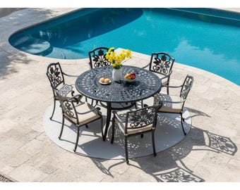 Round Patio Dining Table, Cast Aluminum Outdoor Bistro Table with Umbrella Hole, 54 Inch Large Garden Table & 32 Inch Small Balcony Table,
