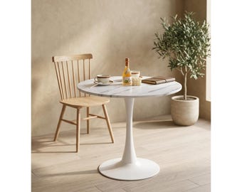 Bistro Table - Round Tulip Dining Table with Metal Pedestal Base - Mid Century Modern Cafe Table for Small Spaces, Kitchen & Living Room