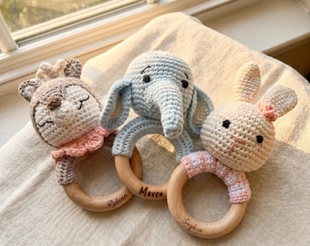Personalized Crochet Animal Rattle • Natural Cotton, Beech Wood Baby Toy