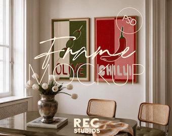 Two Kitchen Frames Poster Mockup, Double Portrait Dining Room Frame Mockup, DIN A Photoshop Photopea Digital Download