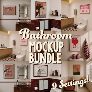 May include: A digital bathroom mockup bundle featuring nine distinct interior settings. Each scene displays various wall art prints with text such as Howdy, Nudist Area, Sweet Cheeks, Cute Butt, Wild and Free, and Wash Your Hands, alongside bathroom fixtures.