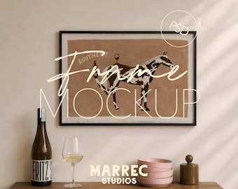 Maqueta PSD de marco horizontal para cocina / Exhibidor moderno de obras de arte para vino, maqueta DIN A horizontal (descarga digital de Photoshop Photopea)