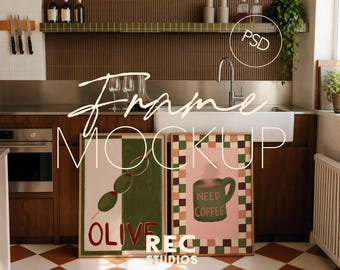 Two Kitchen Frames Poster Mockup, Mid Century Modern Frame Mockup, DIN A Photoshop Photopea Digital Download