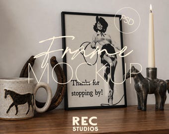 Western Frame Mockup, Rustic Home Interior, Black Portrait Frame, DIN A Ratio, Digital Download, Photoshop, Photopea, Vertical Poster Mockup