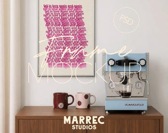 Maqueta de marco de cocina, exhibición vertical de arte para pared de cafetería/bistro moderna (descarga digital PSD de Photopea)