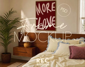 DIN A Wooden Frame Portrait Bedroom Mockup, Cosy Bedroom Poster Mockup, Vertical PSD Frame Mockup Digital Download, Photoshop Photopea