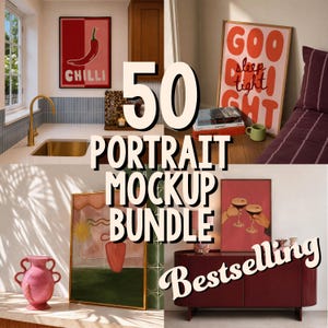 May include: A collection of four interior scenes featuring various portrait-oriented frames displaying artwork, including a red chilli print, a Good Night text print, an abstract landscape, and a cocktail toast illustration, presented as a mockup bundle.