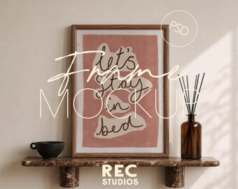 A4 Portrait Frame Mockup, Simple Poster Mockup on Marble Shelf with Wooden Frame, (DIN A Digital Download for Photoshop and Photopea)