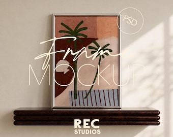 A4 Portrait Frame Mockup, Simple Poster Mockup on Shelf with Chrome Silver Frame, (DIN A Digital Download for Photoshop and Photopea)