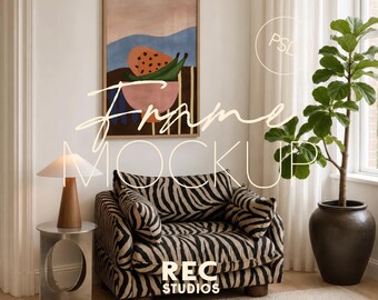 Trendy Living Room Frame Mockup,  Fashion Interior Scene, Wooden Frame DIN A Ratio, PSD Photopea (Digital Download)