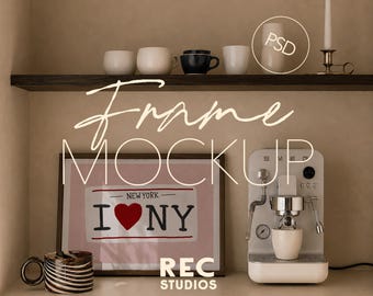 Kitchen Frame Mockup, Coffee Station Mockup, Walnut Frame, Horizontal DIN A Ratio, Digital Download, Photoshop, Photopea, Landscape Wall Art
