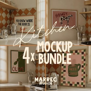 Könnte beinhalten: Ein Küchen-Mockup-Bundle mit vier gerahmten Kunstdrucken. Die Drucke zeigen Texte und Illustrationen, darunter "YOU KNOW WHERE THE DOOR IS", ein Pferd mit "HOWDY", Oliven und ein Kaffee-Design mit dem Text "NEED COFFEE".