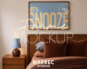Cozy Bedroom Frame Mockup, Horizontal Landscape Poster Display (Digital Download), PSD DIN A Ratio, Photoshop Photopea